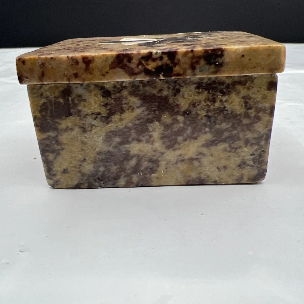 Vintage Jerusalem Stone Trinket Box Inlay Floral Mother of Pearl Small Box